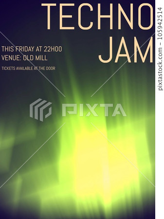 Techno jam, this friday at 22h00, venue old mill, on illuminated background, copy space 105942514