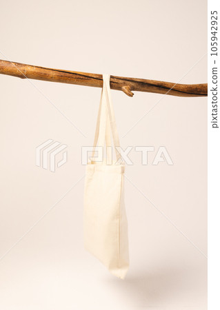 White canvas bag hanging from wooden branch with copy space on white background White canvas bag hanging from wooden branch with copy space on white background 105942925