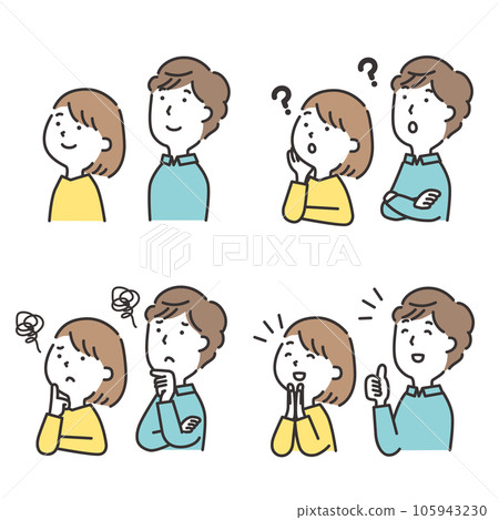 Expression reaction set of a young couple looking up diagonally Expression reaction set of a young couple looking up diagonally 105943230
