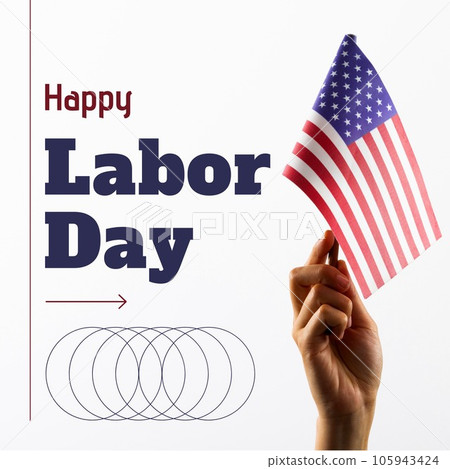Happy labor day text and asian female hand holding flag of america on white 105943424