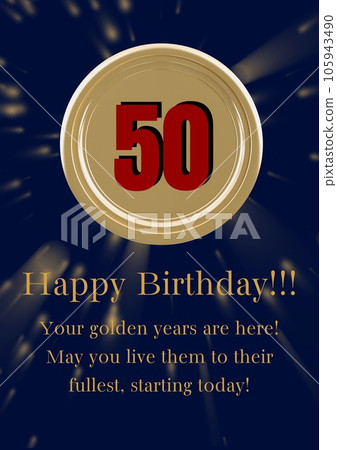 Happy 50 birthday text over gold circle and clouds on blue background 105943490