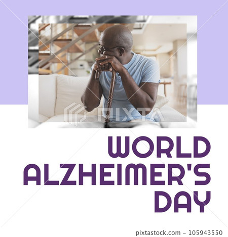 Composite of world alzheimer's day text over worried senior african american man 105943550