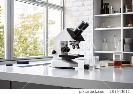 Microscope on table with chemical tubes, glassware in research laboratory. Science, Technology, Mental health, healthcare, wellness concept. Abstract background with copy space. AI generated 105943611