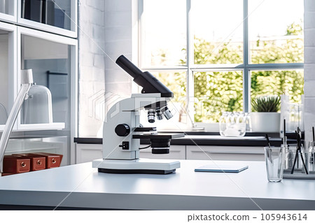 Microscope on table with chemical tubes, glassware in research laboratory. Science, Technology, Mental health, healthcare, wellness concept. Abstract background with copy space. AI generated Microscope on table with chemical tubes, glassware in research laboratory. Science, Technology, Mental health, healthcare, wellness concept. Abstract background with copy space. AI generated 105943614