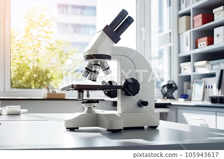 Microscope on table with chemical tubes, glassware in research laboratory. Science, Technology, Mental health, healthcare, wellness concept. Abstract background with copy space. AI generated 105943617