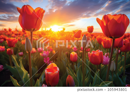Red tulips flowers in the garden.GenerativeAI. Red tulips flowers in the garden.GenerativeAI. 105943801