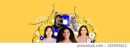 Beautiful women of different race and nationality over yellow background. Cultural equality. Contemporary art collage Beautiful women of different race and nationality over yellow background. Cultural equality. Contemporary art collage 105943821
