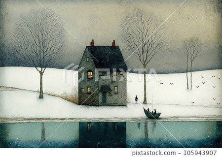 Winter snowy watercolor landscape.House in the trees.Small building in forest..Falling snowflakes.Minimalism created by generative AI 105943907