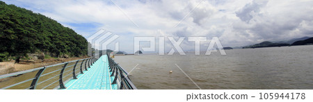 Panoramic sea photo of Gwangam Beach in Namhae, Gyeongsangnam-do, South Korea before the typhoon Panoramic sea photo of Gwangam Beach in Namhae, Gyeongsangnam-do, South Korea before the typhoon 105944178