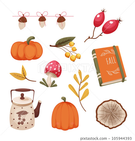Set autumn cozy elements, stickers with foliage, forest decorations, acorn, mushroom, right rose hip berries, book and pumpkin in cartoon style isolated on white background.  105944393