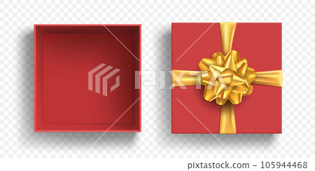 Template open gift box with golden bow and ribbon 105944468