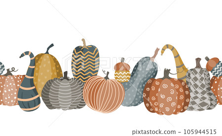 Cute doodle pumpkins harvest seamless pattern. Halloween or Thanksgiving day border background. Vector illustration. 105944515