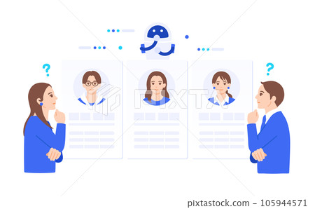 A business person who is worried about selection. Illustration material of an image that compares customers using AI data. A business person who is worried about selection. Illustration material of an image that compares customers using AI data. 105944571