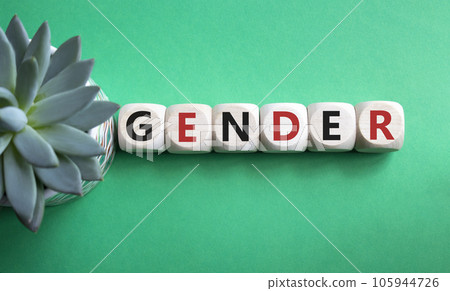 Gender symbol. Concept word Gender on wooden cubes. Beautiful green background with succulent plant. Business and Gender concept. Copy space. 105944726