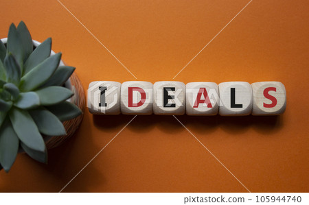 Ideals symbol. Wooden blocks with word Ideals. Beautiful orange background with succulent plant. Business and Ideals concept. Copy space. 105944740