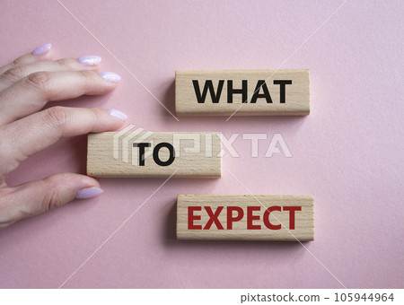 What to Expect symbol. Concept words What to Expect on wooden blocks. Businessman hand. Beautiful pink background. Business and What to Expect concept. Copy space. 105944964