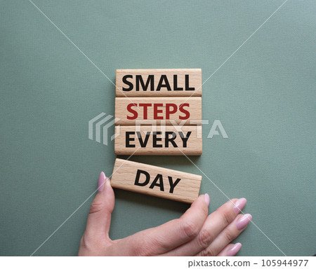 Small Steps Every Day symbol. Wooden blocks with words Small Steps Every Day. Beautiful grey green background. Businessman hand. Business and Small Steps Every Day concept. Copy space. 105944977