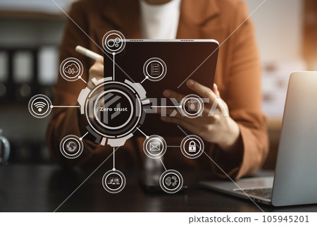 Zero trust security concept Person using smartphone and tablet with zero trust icon on virtual screen of Data businesses.in office. Zero trust security concept Person using smartphone and tablet with zero trust icon on virtual screen of Data businesses.in office. 105945201