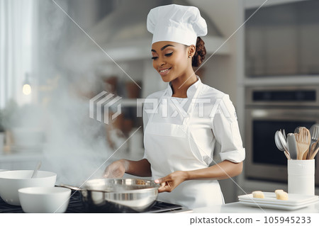 African american chef woman preparing food in a professional kitchen.  105945233
