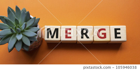 Merge symbol. Wooden cubes with word Merge. Beautiful orange background with succulent plant. Business and Merge concept. Copy space. Merge symbol. Wooden cubes with word Merge. Beautiful orange background with succulent plant. Business and Merge concept. Copy space. 105946038