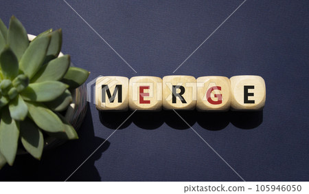 Merge symbol. Wooden cubes with word Merge. Beautiful deep blue background with succulent plant. Business and Merge concept. Copy space. Merge symbol. Wooden cubes with word Merge. Beautiful deep blue background with succulent plant. Business and Merge concept. Copy space. 105946050