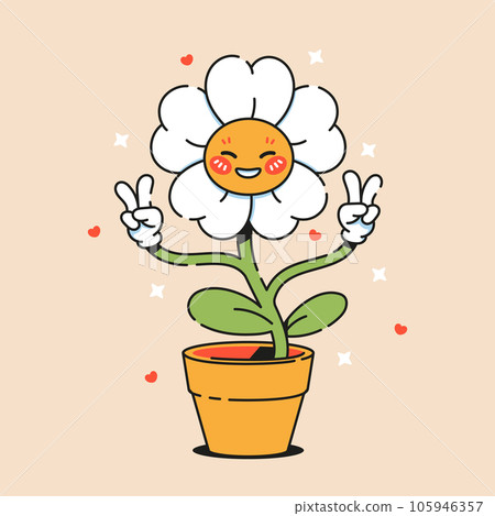 Vintage vector clockwork character. Retro character, 70s hippie style, psychedelic flowers. Vintage vector clockwork character. Retro character, 70s hippie style, psychedelic flowers. 105946357