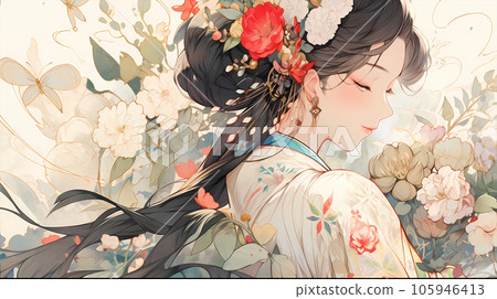 手绘卡通唯美的花丛中的中国女孩插画 手绘卡通唯美的花丛中的中国女孩插画 105946413