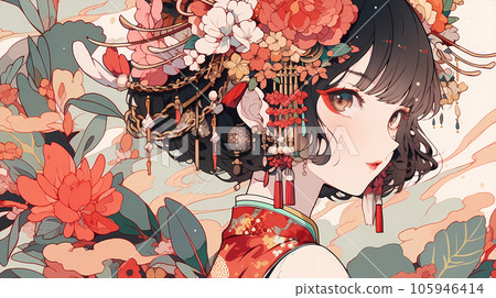 手绘卡通唯美的花丛中的中国女孩插画 105946414