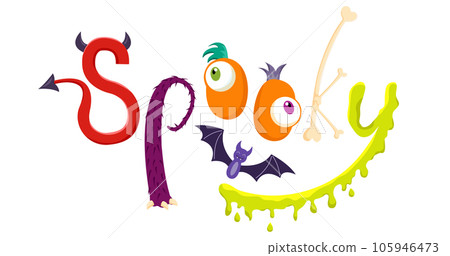 Spooky lettering design with bat in cartoon style. Holiday calligraphy for halloween poster, banner, greeting card, invitation, t-shirt. Vector trendy illustration. 105946473