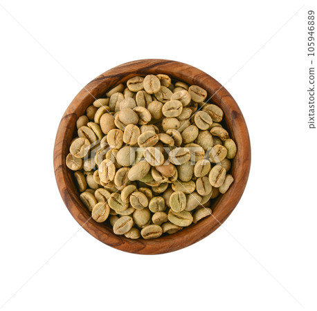 Green coffee beans in wooden bowl Green coffee beans in wooden bowl 105946889