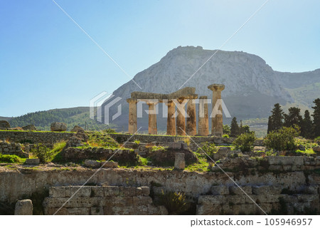 Temple of Apollo with Acrocorinth fortress Temple of Apollo with Acrocorinth fortress 105946957