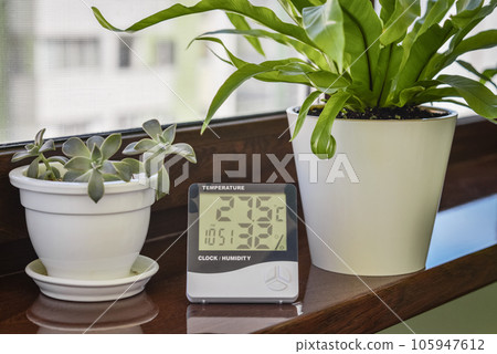 Thermometer hygrometer measuring the optimum temperature and humidity in a house 105947612