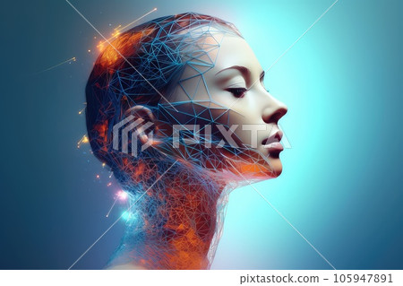 Girls head transformed into AI abstract illustration - Generative AI. 105947891