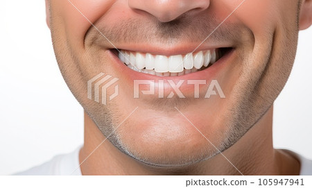 Tooth whitening concept - smiling middle aged Caucasian young man with perfectly white even teeth. Tooth whitening concept - smiling middle aged Caucasian young man with perfectly white even teeth. 105947941