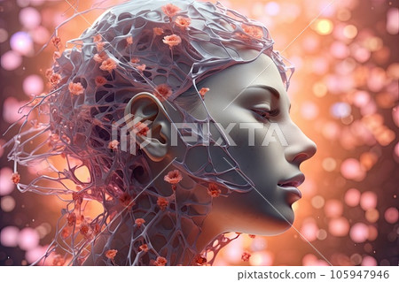 Womans head with nodes photo realistic illustration - Generative AI. 105947946