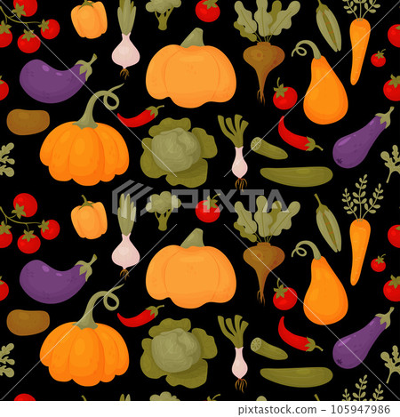Vegetable seamless pattern. Fresh organic tomatoes, pumpkin, eggplant, peppers and peas with carrots, cucumbers on black background. Vector illustration for design, packaging, wallpaper and textile. Vegetable seamless pattern. Fresh organic tomatoes, pumpkin, eggplant, peppers and peas with carrots, cucumbers on black background. Vector illustration for design, packaging, wallpaper and textile. 105947986