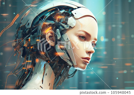 Robot with womans head photo realistic illustration - Generative AI. 105948045