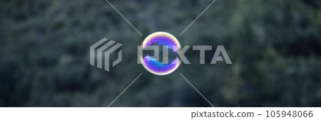 Wide view image of a delicate soap bubble floating freely outside Wide view image of a delicate soap bubble floating freely outside 105948066