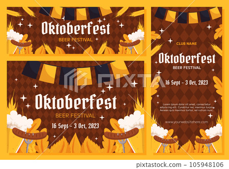 Oktoberfest German beer festival background, vertical and horizontal banner collection. Design with glass of beer, forks with grilled sausage, wheat and leaves, black and yellow garland. Rhombus Oktoberfest German beer festival background, vertical and horizontal banner collection. Design with glass of beer, forks with grilled sausage, wheat and leaves, black and yellow garland. Rhombus 105948106