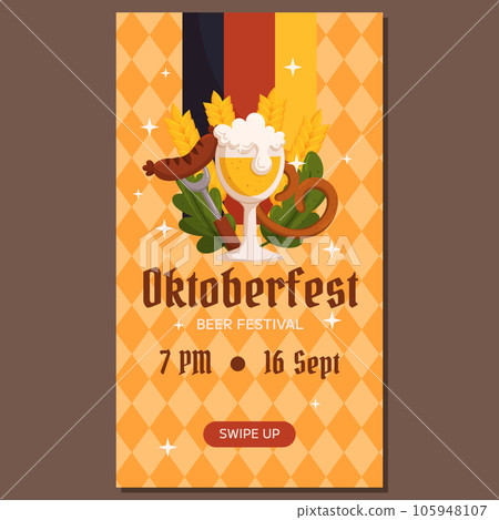 Oktoberfest German beer festival vertical social media stories template. Design with glass of beer, fork with grilled sausage, pretzel, wheat and leaves, Germany flag. Light orange rhombus pattern. Oktoberfest German beer festival vertical social media stories template. Design with glass of beer, fork with grilled sausage, pretzel, wheat and leaves, Germany flag. Light orange rhombus pattern. 105948107