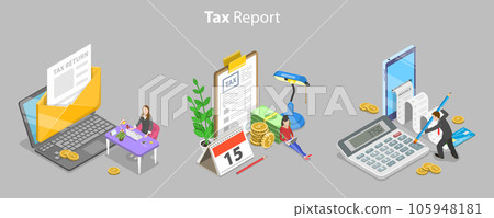 3D Isometric Flat Vector Conceptual Illustration of Tax Calcualtion Report 105948181