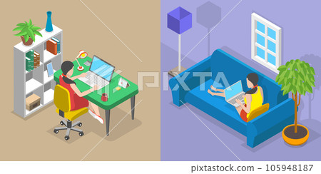 3D Isometric Flat Vector Conceptual Illustration of Working From Home Vs. Office 105948187