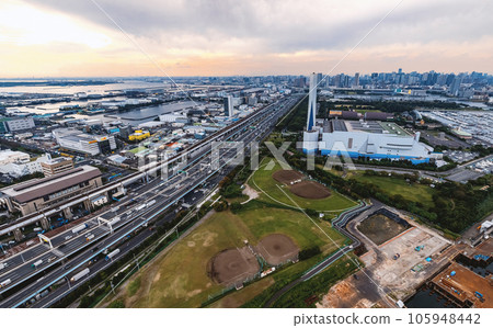 Aerial view of an expressway bridge in Tokyo, Japan Aerial view of an expressway bridge in Tokyo, Japan 105948442