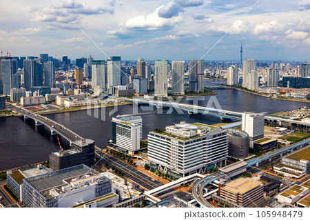 Aerial view of Odaiba Harbor in Tokyo, Japan 105948479