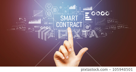 Smart contract theme with hand pressing a button 105948501