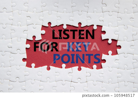 Key points symbol. White puzzle with words Listen for Key points. Beautiful red background. Business and Listen for Key points concept. Copy space. 105948517