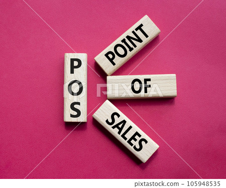 POS - Point Of Sales symbol. Wooden cubes with words POS. Beautiful red background. Business and POS concept. Copy space. 105948535