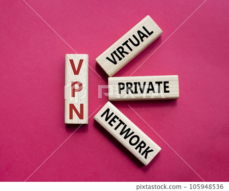 VPN - Virtual Private Network. Wooden cubes with word VPN. Beautiful red background. Business and VPN concept. Copy space. 105948536