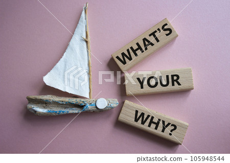 What is Your Why symbol. Concept words What is Your Why on wooden blocks. Beautiful pink background with boat. Business and What is Your Why concept. Copy space. 105948544