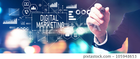 Digital marketing with a businessman holding a marker 105948653